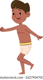 A cheerful boy in shorts is depicted in a playful cartoon manner.  The lively youngster joyfully runs towards the viewer, radiating summer energy. Cartoon vector illustration