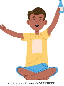 Cheerful boy sits cross-legged with arms raised, wearing casual clothes in a playful drawing style. The child joyfully holds a bottle, expressing excitement and happiness. Cartoon vector illustration.