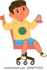 A cheerful boy sits on a swivel chair holding a flask, wearing a hoodie with a smiley face. The child shows a thumbs-up gesture while balancing on the chair. Cartoon vector illustration.