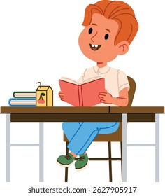 A cheerful boy sits at a table with books and juice, reading a book in a cartoon style. The youngster enjoys his literature at the desk with his books and drink. Cartoon vector illustration