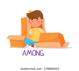 Cheerful Boy Sitting Among Carton Boxes as Preposition of Place Vector Illustration