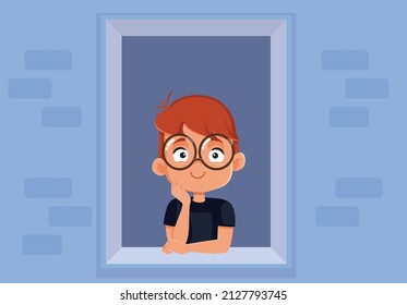 

Cheerful Boy Sitting by the Window Vector Cartoon Illustration. Cute little toddler waiting, thinking, and feeling hopeful 
