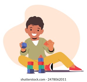 Niño Alegre Sentado En El Suelo Y Jugando Con Bloques De Construcción De Colores, Centrándose En La Creación Y El Juego. El Personaje Infantil Del Vector De Dibujos Animados Es Feliz Y Participa En Una Actividad Divertida Y Educativa