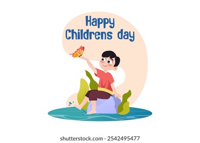 A cheerful boy sitting on a rock in water, celebrating Children's Day. Vector illustration