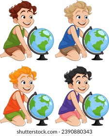 A cheerful boy sitting with a world globe toy, depicted in a cartoon vector style