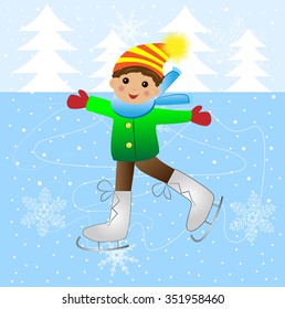 Cheerful boy skating on ice, vector illustration