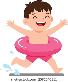 A cheerful boy splashes water while running joyfully in a pink inflatable ring, embodying fun and carefree summer vibes in a playful setting.