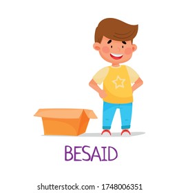 Cheerful Boy Standing Beside Carton Box as Preposition of Place Vector Illustration