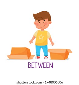 Cheerful Boy Standing Between Carton Boxes as Preposition of Place Vector Illustration