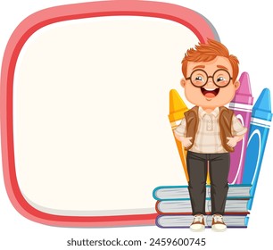 Cheerful boy standing with books and pencils.