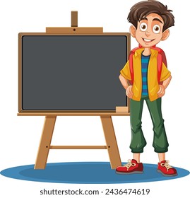 Cheerful boy standing next to an empty blackboard