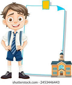 Cheerful boy standing next to an empty frame