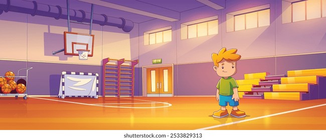 Garoto alegre de pé no ginásio da escola pronto para os esportes. Ilustração vetorial de desenhos animados de espaçosa sala de exercícios com bolas de basquete empilhadas e aro, portão de gol de futebol, bancos e equipamentos de atividade.