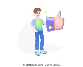 Cheerful boy stands and holds "like" sign in his hand. Approval concept. Illustration for your business.