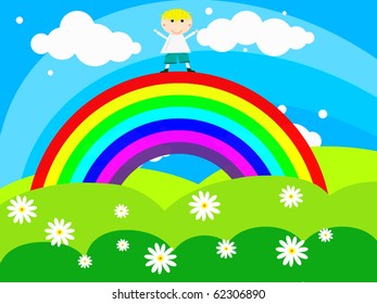 Cheerful boy stands on a rainbow raising his hands to the top. Vector