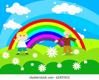 Cheerful boy stands on a rainbow