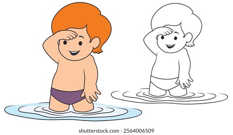 Cheerful boy stands in the water. Funny people. Illustration concept template for website, web landing page, banner, presentation, social, poster, promotion or print media.