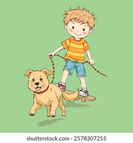 A cheerful boy in a striped orange shirt and blue shorts is skateboarding with a rope in hand, while a happy golden dog runs alongside him. The background is a vibrant green.