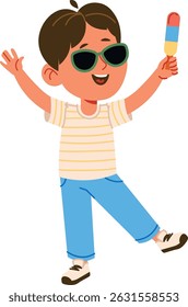 Um menino alegre de óculos escuros segurando um picolé, desenhado em um estilo de desenho animado. A criança alegremente levanta seus braços enquanto aprecia o deleite. Ilustração de vetor de desenhos animados.
