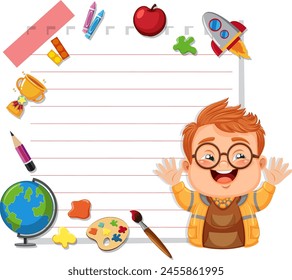 Cheerful boy surrounded by educational items and toys.