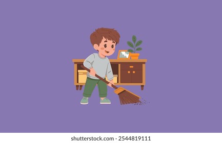 Cheerful boy sweeping the floor indoors on purple backdrop.
