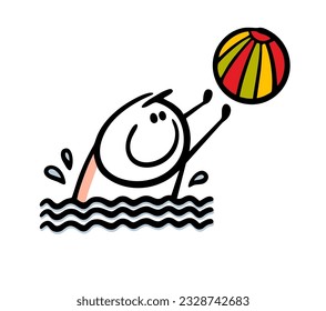 Cheerful boy is swimming and playing ball in the water. Vector illustration of a happy child on vacation at the beach. Doodle cartoon stick man character isolated. 