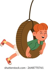 A cheerful boy swings on a tire with a joyful expression in a cartoon style. The child enjoys the playful moment hanging from a rope. Cartoon vector illustration.