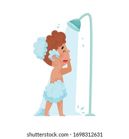 Cheerful Boy Taking a Shower Standing Under Shower Head Vector Illustration