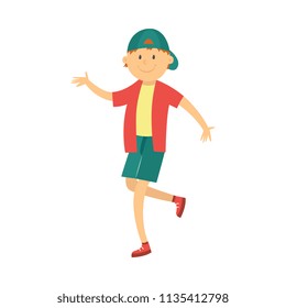 Cheerful boy teen kid dancing in cap in hip hop style. Male cute character smiling having fun. Young happy dancer teenager. Vector isolated illustration.