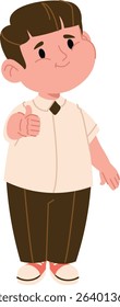 A cheerful boy with a thumbs-up gesture in a cartoon style. The child smiles warmly, wearing a shirt and pants. Cartoon vector illustration.