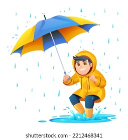 Cheerful boy with umbrella playing puddle in the rain cartoon illustration