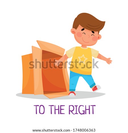 Cheerful Boy Walking to the Right of Carton Box as Preposition of Movement Vector Illustration