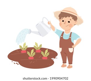 Cheerful Boy Watering Plants Depicting Gardener and Farmer Profession Vector Illustration