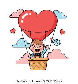 A cheerful boy waves from a basket suspended beneath a large, red heart-shaped hot air balloon, with a small bird flying nearby, set against a backdrop of fluffy clouds.