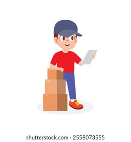 A cheerful boy wearing a blue cap and red outfit while standing next to three stacked cardboard boxes. courier boy