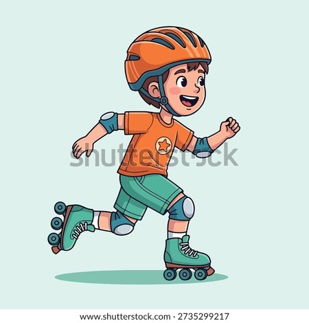 A cheerful boy wearing a helmet and pads enjoys roller skating.