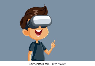 Cheerful Boy Wearing VR Glasses Having Fun. Funny child playing 3d games in augmented reality
