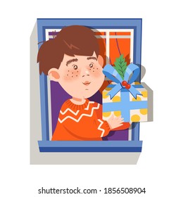 Niño alegre en la ventana dando caja de regalo envuelta a alguien Ilustración vectorial