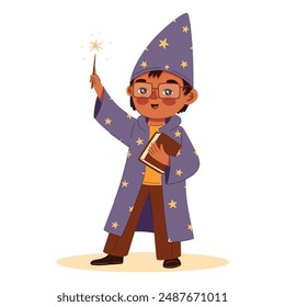 a cheerful boy in a wizard costume with stars with a magic wand with a star in a cap is having fun