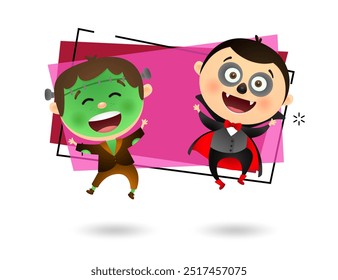 Garotos alegres em trajes de Drácula e zumbis se divertindo. Conceito de festa de Halloween. A ilustração vetorial pode ser usada para convites, cartazes, banners