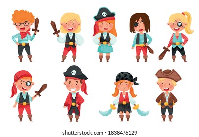 Cheerful Boys and Girls in Pirate Costumes with Sword or Saber Vector Set