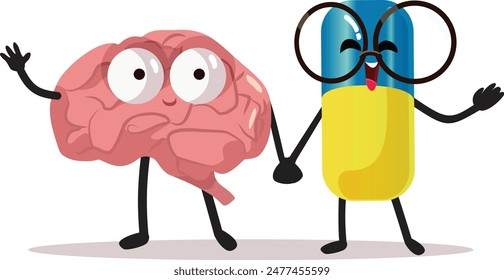 
Cheerful Brain and Natural Supplement Pill Vector Cartoon Illustration. Energy boosting treatment for mental cognition and anti-degenerative disease 
