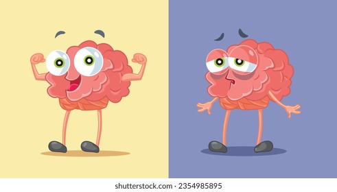 
Cheerful Brain Versus Tired Mind Vector Cartoon Illustration. Mental activity on a healthy lifestyle or lack of sleep disorder 
