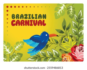 A cheerful Brazilian carnival with a backdrop of tropical birds and colorful flowers. Lively celebration Brazilian Carnival in spring. Carnival party concept. Flat vector illustration. 