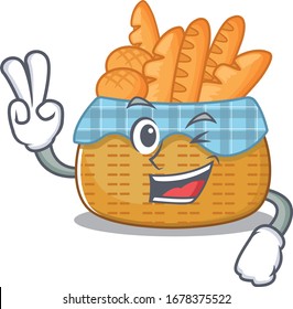 Cheerful bread basket mascot design with two fingers