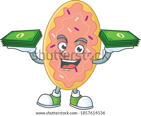A cheerful bread cartoon mascot design having some money on hands. Vector illustration