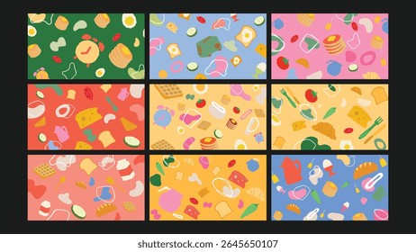 Cheerful breakfast elements including eggs, vegetables, and breads scattered on colorful background for kitchen, menu, or healthy food designs.