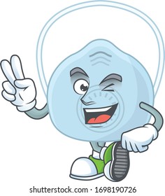 Cheerful breathing mask mascot design with two fingers