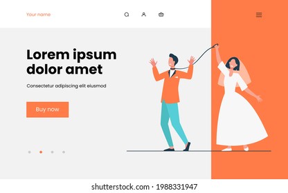 Cheerful bride leading groom on leash. Wedding day, dress, smoking, metaphor. Flat vector illustration. Abusive relationship, manipulation concept for banner, website design or landing web page