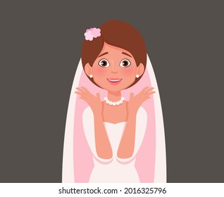 Novia alegre sorprendida reaccionando. Ilustración vectorial.